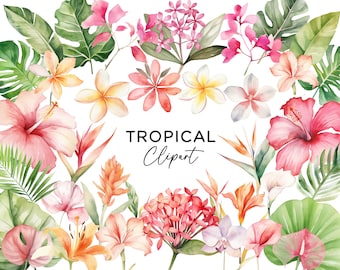 May include: Watercolor illustration of tropical flowers and leaves, including hibiscus, plumeria, and monstera. The image features a variety of pink, orange, and yellow flowers, with green leaves. The text "TROPICAL Clipart" is in the center.