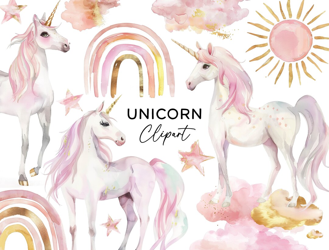 Unicorn Clipart Bundle - Watercolor Pink & Gold Foil Magical Whimsical ...