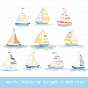 May include: Ten watercolour illustrations of sailboats in various colours and patterns. The sailboats are all facing the right side of the image. The sailboats are on a white background.