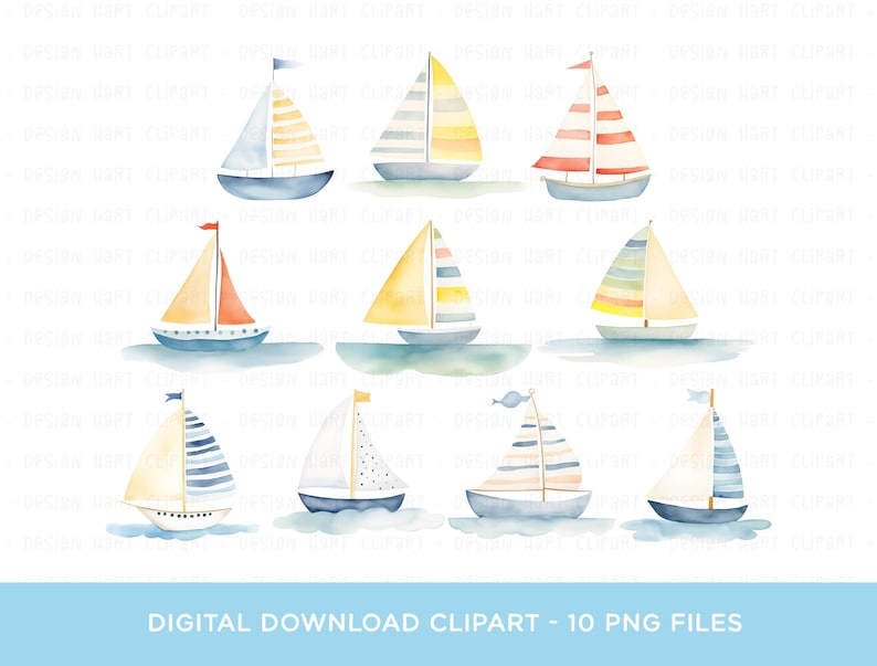 May include: Ten watercolour illustrations of sailboats in various colours and patterns. The sailboats are all facing the right side of the image. The sailboats are on a white background.