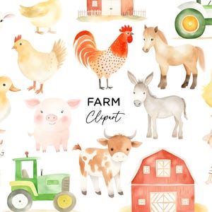 Pacchetto di clipart animali da fattoria - acquerello trattore da cortile maiale anatra cavallo pecora mucca coltivatore PNG per inviti vivaio arte uso commerciale