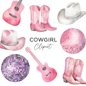 Bundle de cliparts disco de cow-girl, guitare de cowboy rose, bottes de boule disco, chapeau graphiques aquarelles PNG pour les Invitations de fête autocollants Scrapbooking