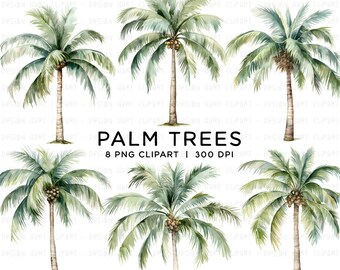 Könnte beinhalten: Acht Aquarell-Illustrationen von Palmen mit grünen Blättern und braunen Stämmen. Die Bäume sind auf weißem Hintergrund isoliert. Der Text "PALM TREES" und "8 PNG CLIPART | 300 DPI" befindet sich am unteren Rand des Bildes.