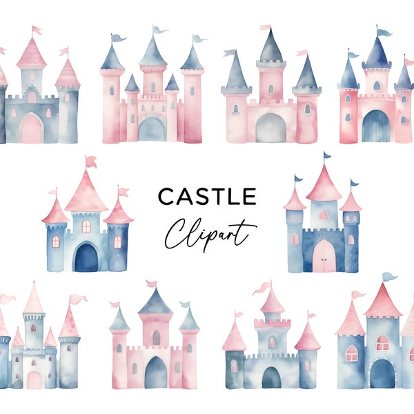 Castle Clipart Bundle, Watercolor Princess Magical Castle Fairytale Blue Pink Castle for Girls Invitations Nursery Wall Art Digital Download