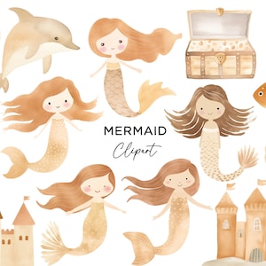 Meerjungfrau Clipart Bundle, Unterwasser Ozean Meerestiere Beige Boho Neutral Baby Kinderzimmer Wand Kunst PNG Aquarell Digital Download Kommerzielle Nutzung