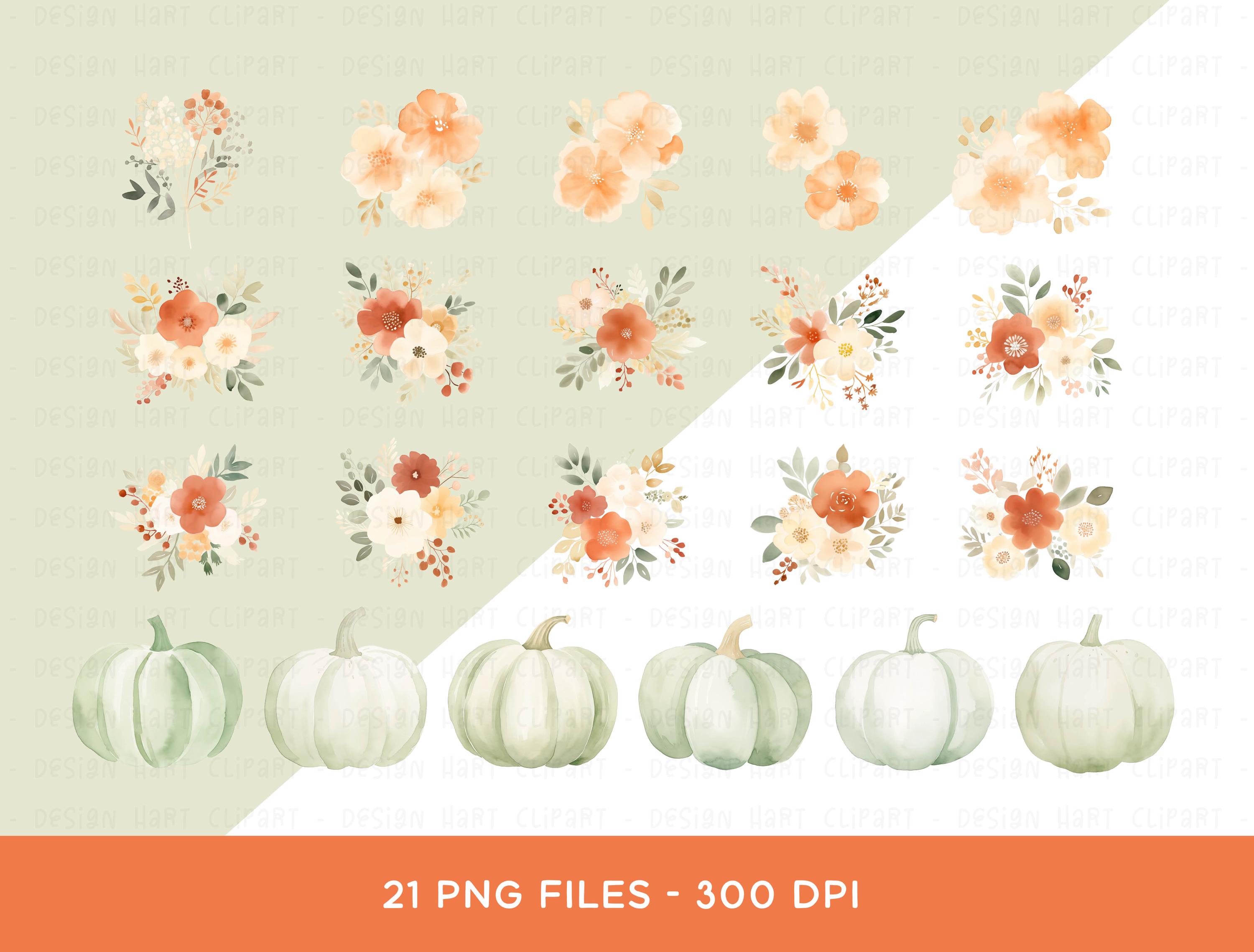 Pumpkin Clipart Bundle, PNG Digital Download Watercolor Floral Flower ...