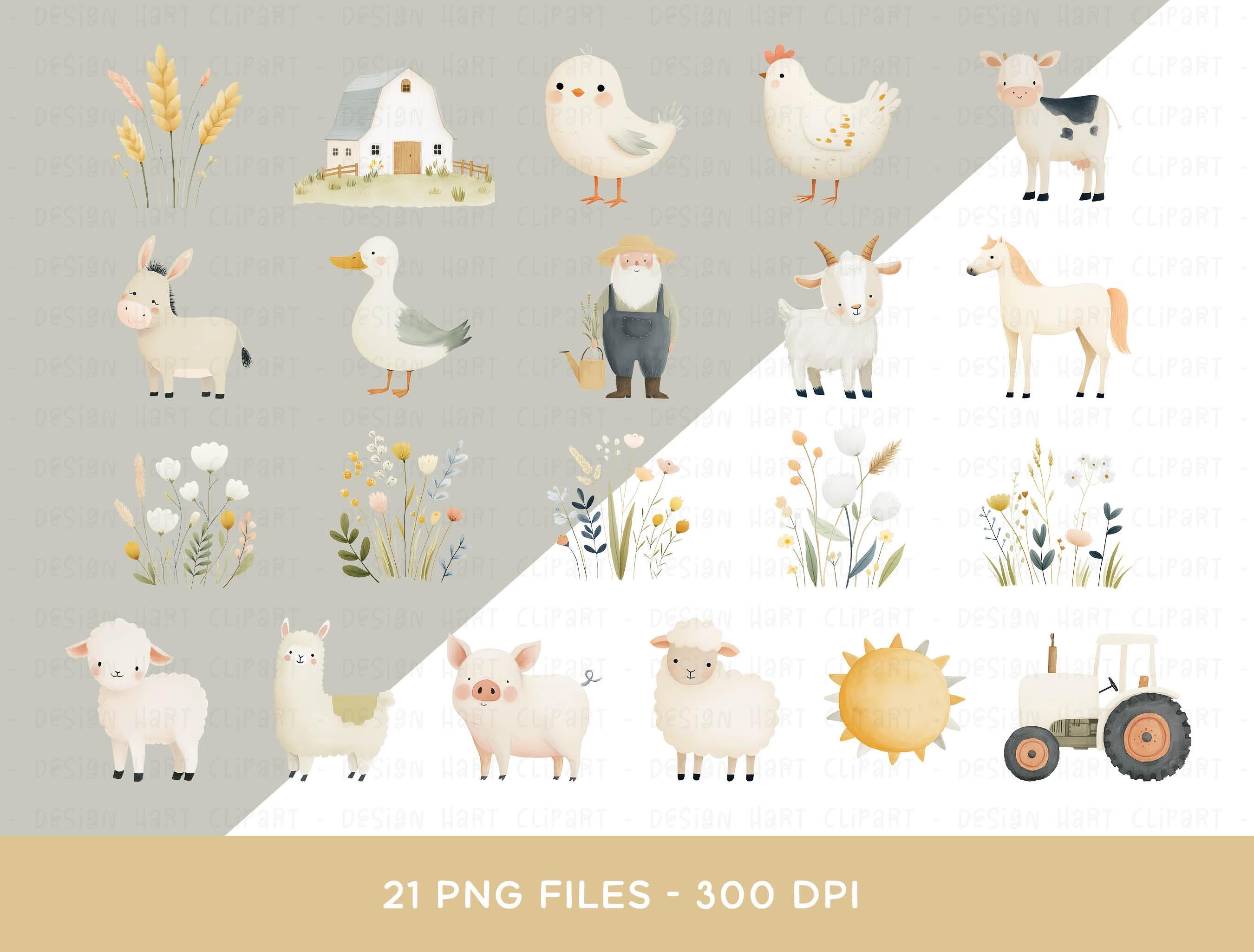 Farm Animal Clipart Bundle, Watercolor Barnyard Animals Pig Cow Horse ...