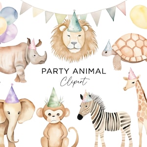 Paquete de imágenes prediseñadas de animales de fiesta, acuarela Safari Jungle Zoo Animales con sombreros de fiesta Globos León Cebra Jirafa Mono Arte PNG Uso comercial
