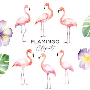 Flamingo Clipart Bundle, Watercolor Tropical Flamingoes & Leaf Clip Art PNG Sublimation Graphics for Party Invitation Stickers Scrapbooking