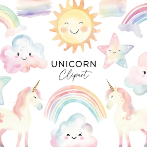 Paquete de imágenes prediseñadas de unicornio - Unicornios arcoíris pastel mágicos de acuarela PNG para invitaciones de cumpleaños para niños Descarga digital Conjunto de uso comercial