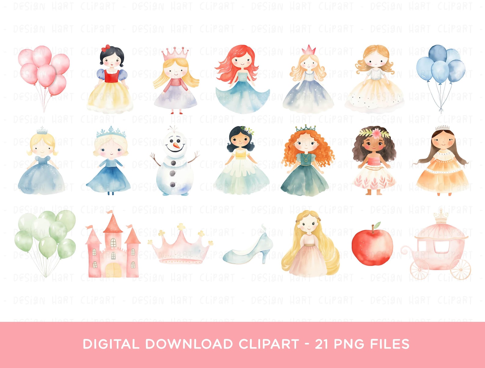 Princess Clipart Bundle, PNG Graphics Watercolor Clipart Fairytale Anna ...