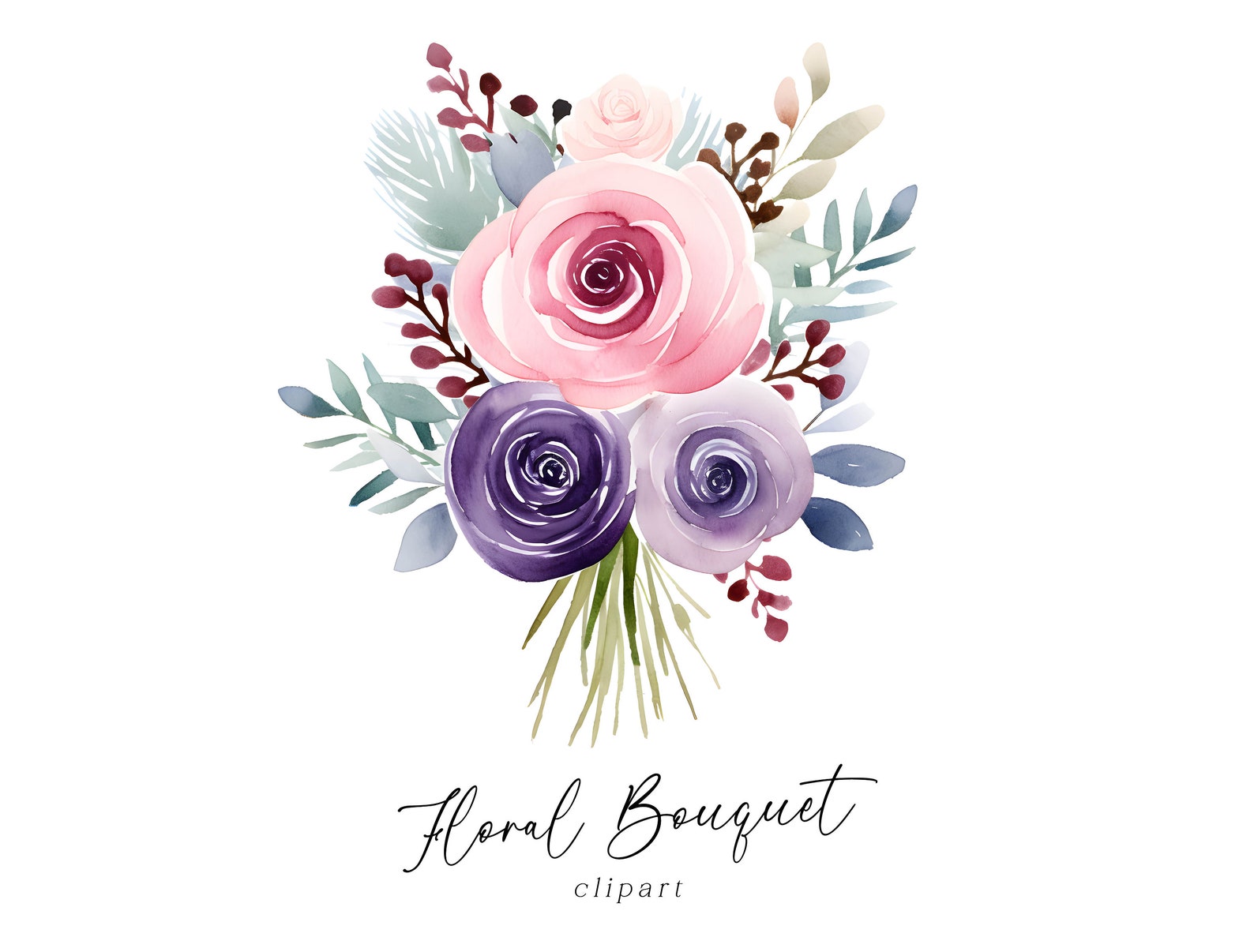 Flower Bouquet Clipart, Watercolor Spring Pink Purple Blush Floral PNG ...