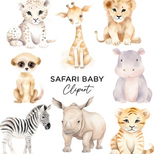 Bundle de cliparts bébés animaux - Safari Jungle Zoo Lion PNG aquarelle pour enfants Invitations chambre d'enfant Art mural téléchargement numérique usage Commercial