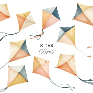 Puede incluir: Ilustración en acuarela de varias cometas en colores pastel. Las cometas son en tonos melocotón, amarillo y azul, con delicadas colas de cuerda. El texto "KITES Clipart" está escrito en una fuente cursiva.
