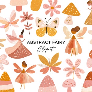 Bundle de cliparts fée abstraite - Pixie libellule papillon Boho tons neutres rose moutarde PNG pour les Invitations d'art mural pour chambre d'enfant