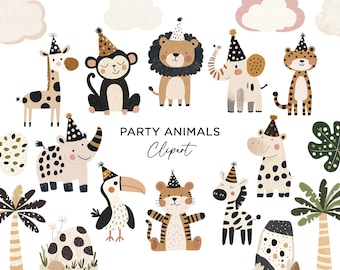 May include: A collection of whimsical animal illustrations, including a giraffe, monkey, lion, elephant, and tiger, all wearing party hats. The phrase "PARTY ANIMALS Clipart" is written in black script.