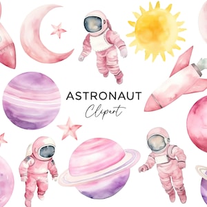 Bundle de cliparts astronaute, aquarelle PNG filles rose téléchargement numérique utilisation commerciale pour les Invitations planète galaxie fusée espace extra-atmosphérique