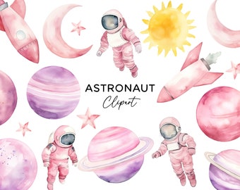 Astronaut Clipart Bundle, Watercolor PNG Girls Pink Digital Download Commercial Use for Invitations Planet Galaxy Rocket Ship Outer Space