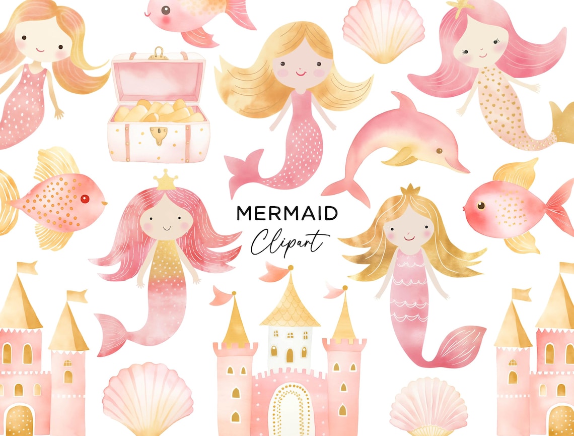 Mermaid Clipart Bundle, PNG Digital Download Watercolor Mermaids Under ...