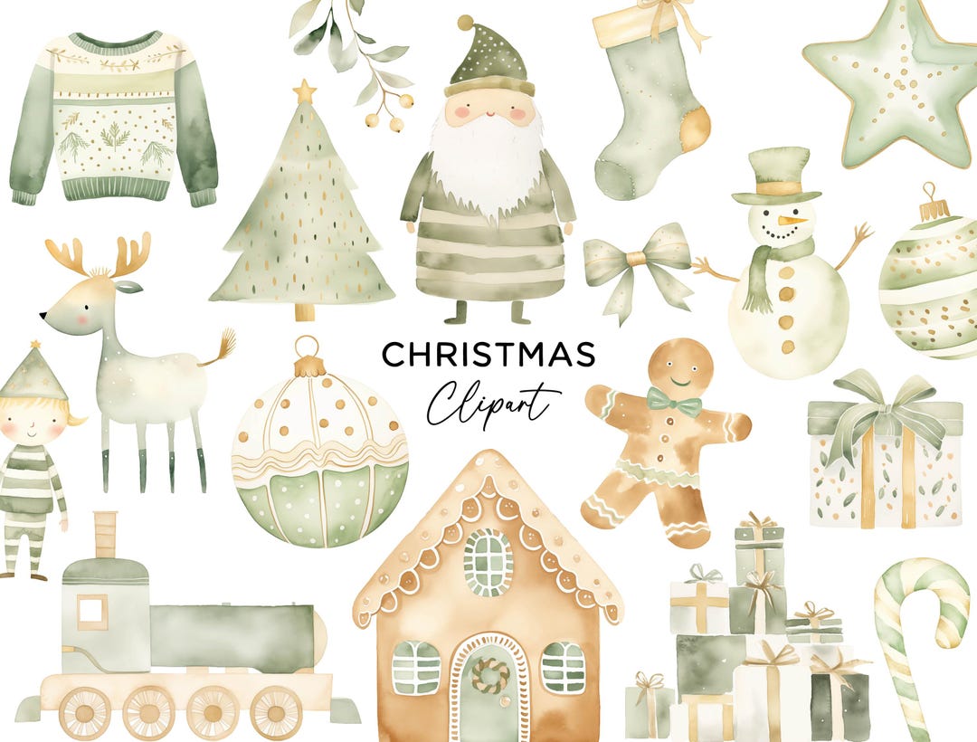 Christmas Clipart Bundle, PNG Watercolor Festive Santa Tree Bauble ...