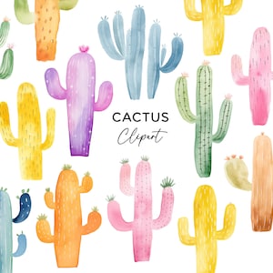 Paquete de imágenes prediseñadas de cactus, Colorido arco iris Cactus Desierto Rosa Púrpura Azul Amarillo Verde Naranja PNG Acuarela Descarga digital Uso comercial
