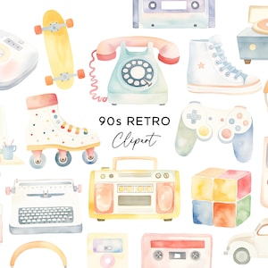 Può includere: Una collezione di illustrazioni clipart retrò degli anni '90, tra cui una cassetta, un boombox, un pattino a rotelle, un controller di gioco, un cubo di Rubik, una macchina fotografica, una macchina da scrivere, uno skateboard, un telefono, un paio di cuffie, un giradischi, una console per videogiochi, un'auto e una cassetta.