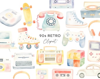 Puede incluir: Una colección de ilustraciones de clipart retro de los 90, que incluye una cinta de casete, una radiograbadora, un patín, un mando de juego, un cubo de Rubik, una cámara, una máquina de escribir, una patineta, un teléfono, un par de auriculares, un tocadiscos, una consola de videojuegos, un automóvil y una cinta de casete.