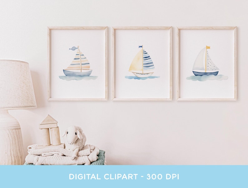 May include: Three watercolour illustrations of sailboats in blue, yellow and white. Each sailboat is framed in a light wood frame.
