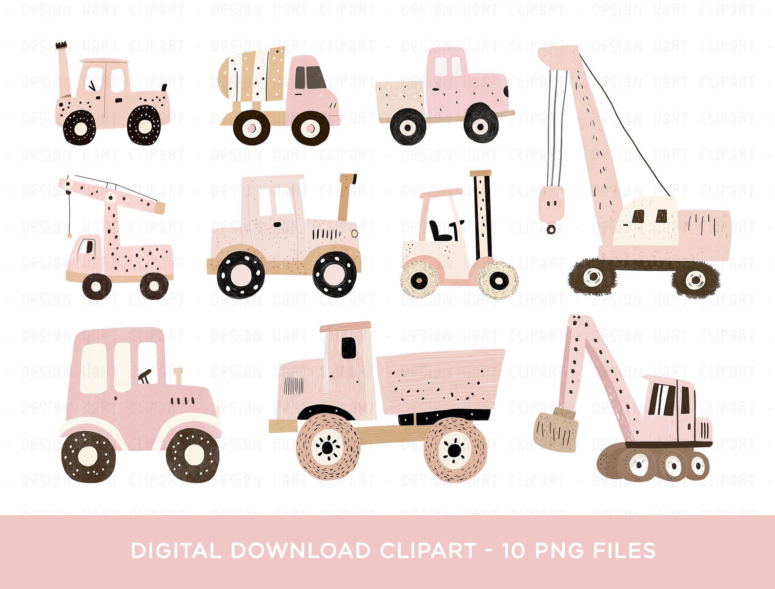Pink Diggers Vector Construction Vehicle Clipart Bundle, Pink PNG Digital Download Builder ...
