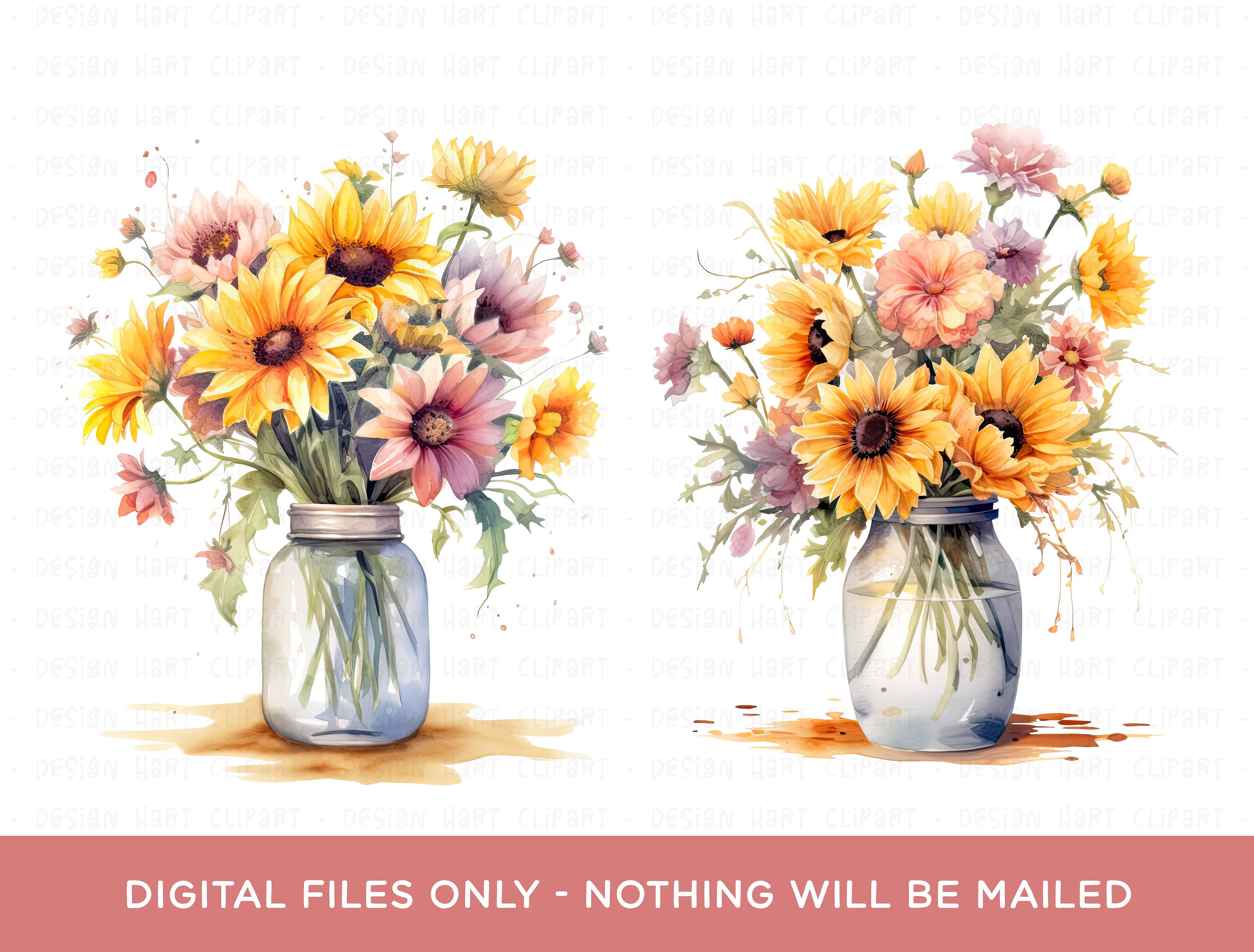 Sunflowers Vase Clipart Bundle, Watercolor PNG Sublimation Digital ...