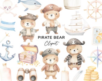 Pirate Bear Clipart Bundle, Pirate Teddy Treasure Map Skull Nautical Kids Party Invitations PNG Watercolor Digital Download Commercial Use