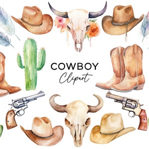 Paquete de imágenes prediseñadas de vaquero, botas occidentales de rodeo de acuarela, pistola de cactus, calavera de vaca, gráficos PNG para invitaciones de fiesta, pegatinas, álbumes de recortes