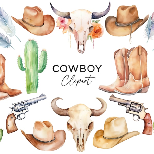 Cowboy Clipart Bundle, Watercolor Rodeo Western Boots Cactus Pistol Cow Skull PNG Graphics for Party Invitations Stickers Scrapbooking