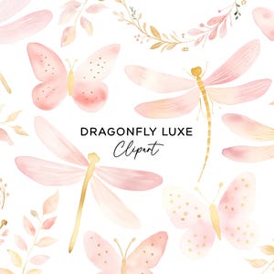 Bundle de cliparts libellule, téléchargement numérique PNG aquarelle or rose papillon lunatique botanique Floral feuille magique usage commercial fichiers