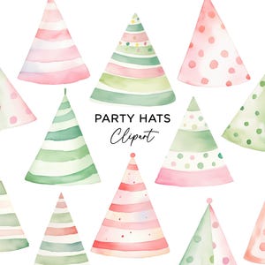 Paquete de imágenes prediseñadas de sombreros de fiesta, PNG, descarga digital, acuarela, colorido, rosa, verde, divertido, sombreros de fiesta de cumpleaños, invitaciones, pegatinas, uso comercial