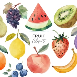 Pacote de clipart de frutas: aquarela melancia maçã banana morango pêra limão download digital PNG para convites adesivos scrapbooking