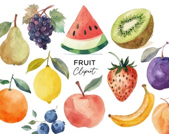 Fruit Clipart Bundle: Watercolor Watermelon Apple Banana Strawberry Pear Lemon PNG Digital Download for Invitations Stickers Scrapbooking