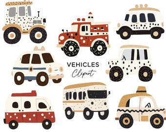 Paquete de imágenes prediseñadas de vehículos, gráficos PNG, descarga digital, dibujos animados pintados, camión de bomberos de emergencia, coche de policía, ambulancia, taxi, autobús, uso comercial.