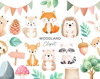 Woodland Animals Watercolor Clipart, Forest PNG Bundle Cute Fox Bear Squirrel Rabbit Owl Commercial Use Nursery Clip Art for Invitations