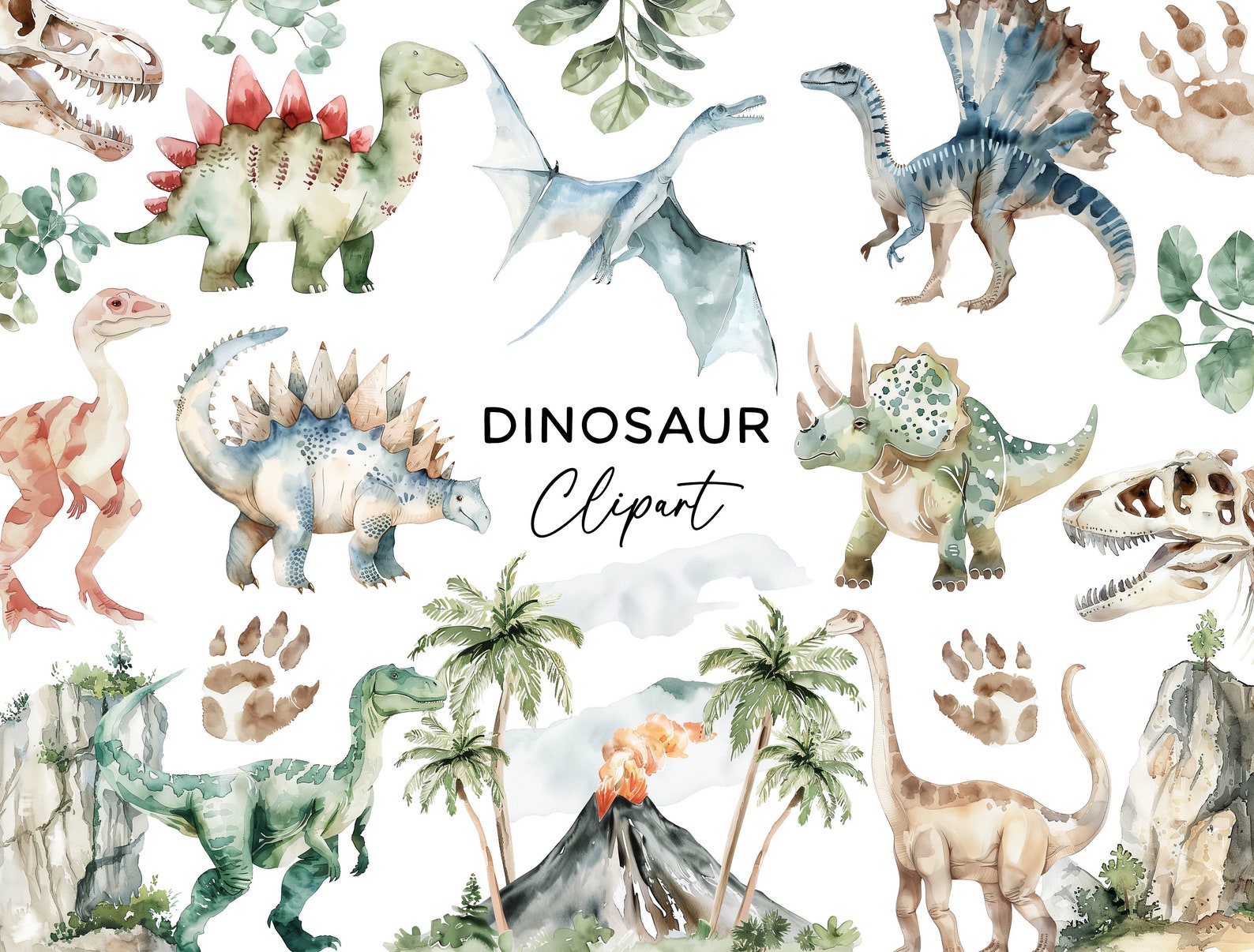 Dinosaur Clipart Bundle - Watercolor Jurassic Prehistoric Dino PNG ...