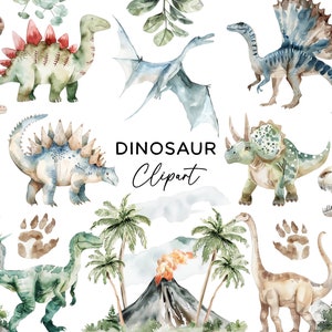 Dinosaur Clipart Bundle - Watercolor Jurassic Prehistoric Dino PNG Graphics for Commercial Use, Digital Download Kids Volcano Palm Clipart