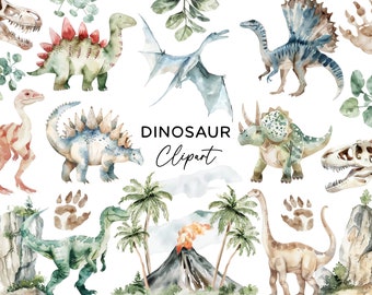 May include: Watercolor illustrations of various dinosaurs, including a stegosaurus, triceratops, pterodactyl, and a brachiosaurus. The illustrations are set against a white background with green foliage and a volcano.