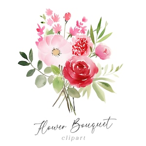 Clipart bouquet floral - aquarelle rose pastel et rouge fleurs botaniques PNG pour anniversaire de printemps, faire-part de mariage, art mural, cartes de voeux