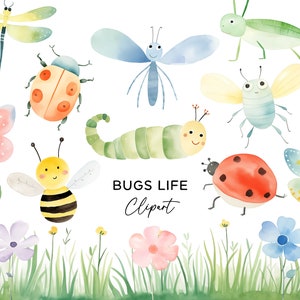 Pacote de clipart de insetos, joaninha fofa abelha gafanhoto mariposa borboleta lagarta besouro para crianças convites adesivos PNG aquarela comercial
