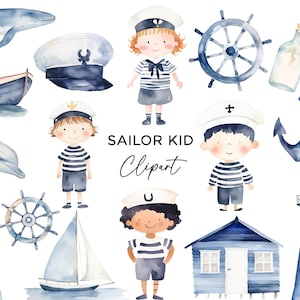 Pacchetto Clipart Sailor Kid, Capitano del bambino dell'acquerello Capitano del faro dell'ancora PNG per l'invito alla festa dei bambini Wall Art Uso commerciale fai da te
