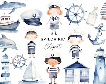 May include: Watercolor clipart set featuring a sailor kid theme. Includes images of a sailboat, lighthouse, anchor, ship's wheel, bottle, dolphin, and a sailor kid wearing a blue and white striped shirt and a sailor hat.