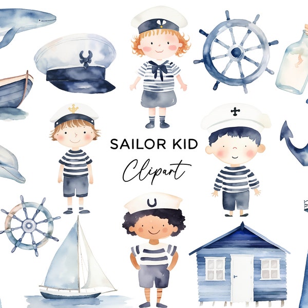 Sailor Kid Clipart Bundle, Watercolor Child Captain Lighthouse Anchor Boat Captain PNG for Kids Party Invitation Wall Art Commercial Use DIY