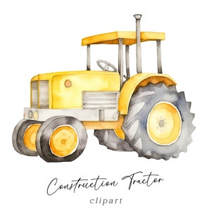 Clipart de trator aquarela, download digital PNG de veículo de construção para uso comercial Trator construtor para cartões de convites de aniversário de crianças