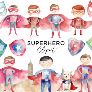 Superheld Clipart Bundle, Aquarell Superhelden PNG Sublimationsgrafiken Digitaler Download für kommerzielle Nutzung Jungen Comic Party Einladungen