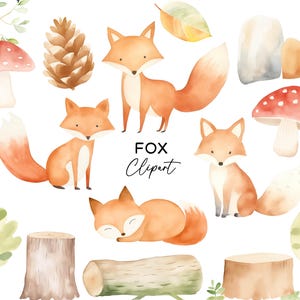 Bundle de cliparts renard, PNG graphique en téléchargement numérique aquarelle forêt forêt renards pépinière Art mural Invitations d'anniversaire mignon usage Commercial
